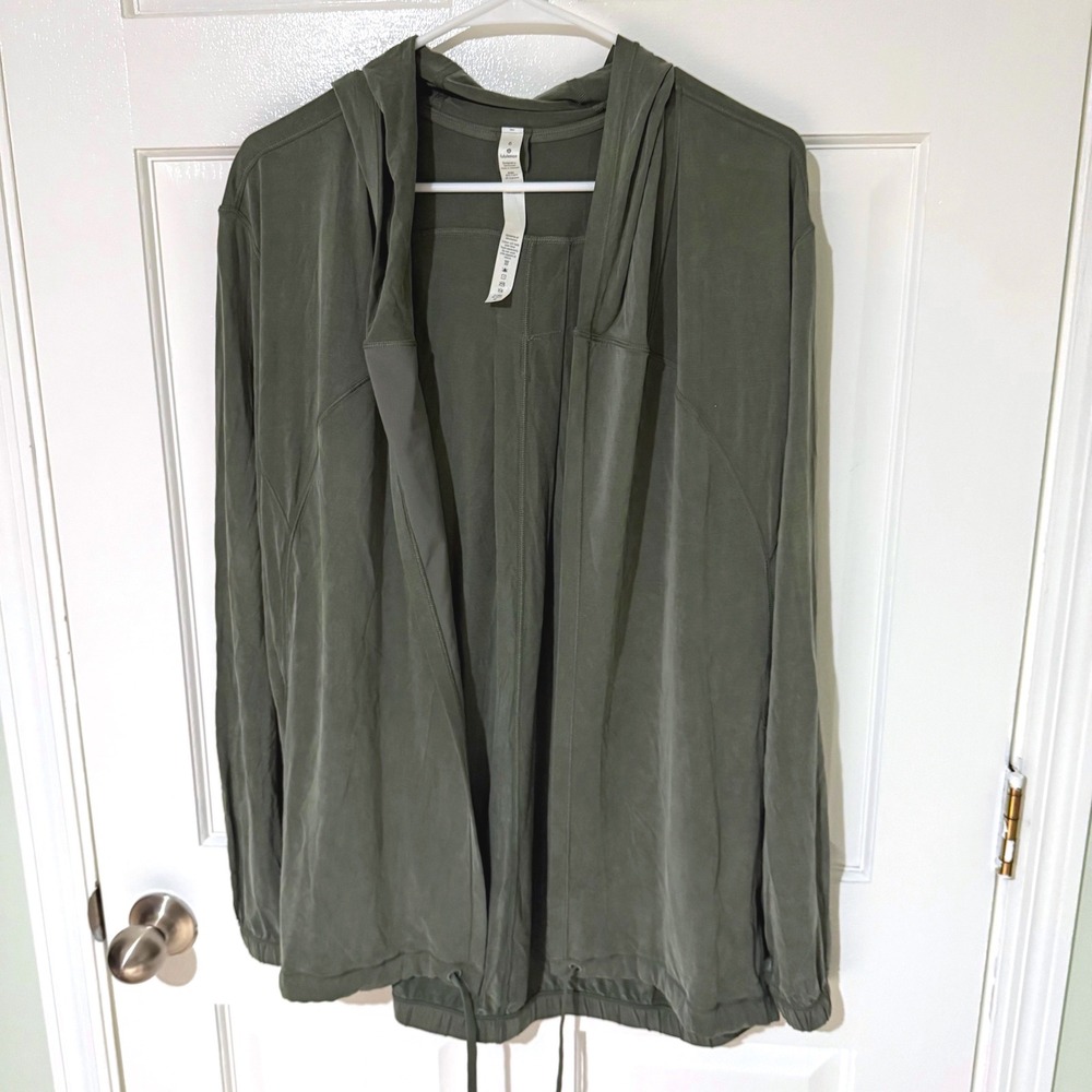 Lululemon Women Green Cupro Blend Hooded Open Front Drawstring Jacket Size 6
